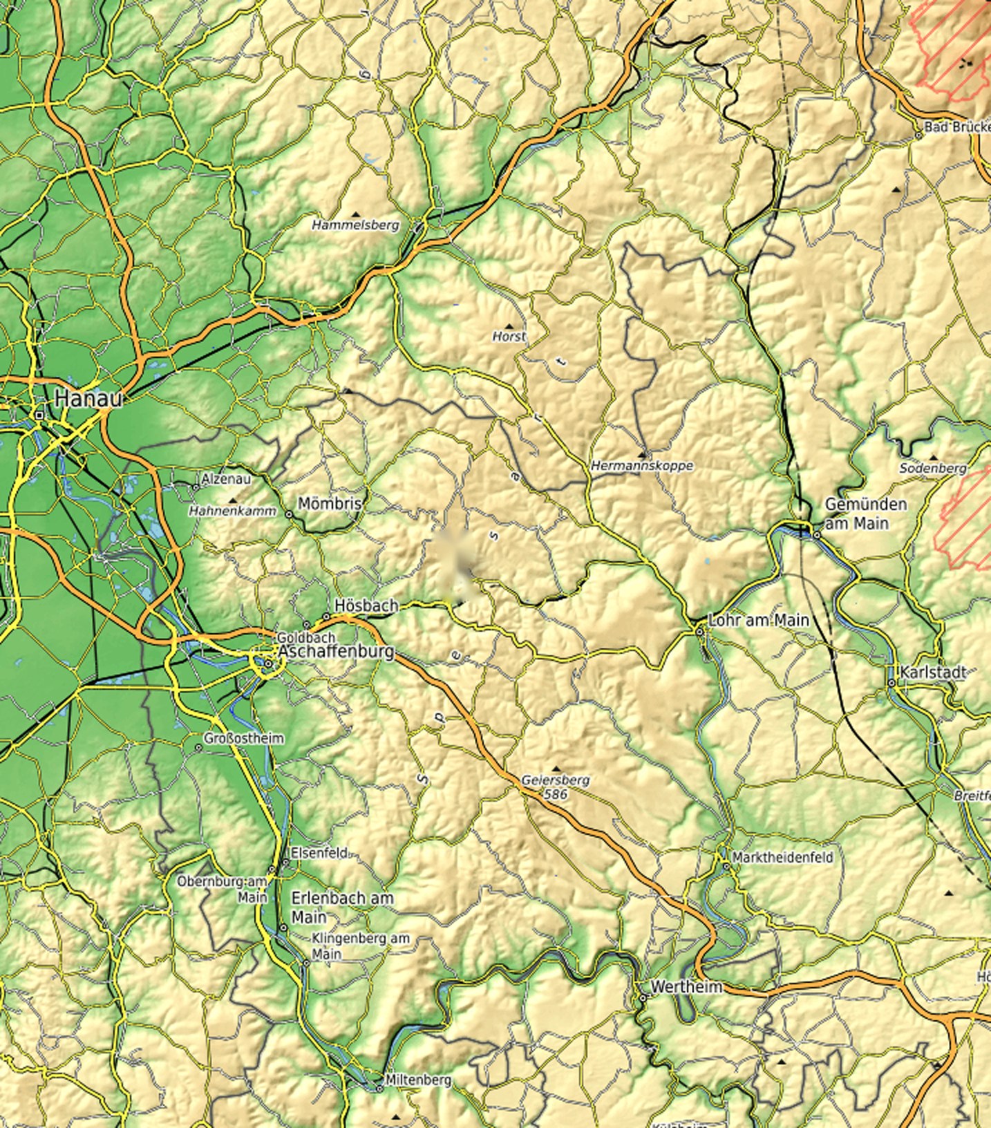Topografische Karte des Spessarts zwischen Hanau, Aschaffenburg, Gemünden, Marktheidenfeld und Wertheim